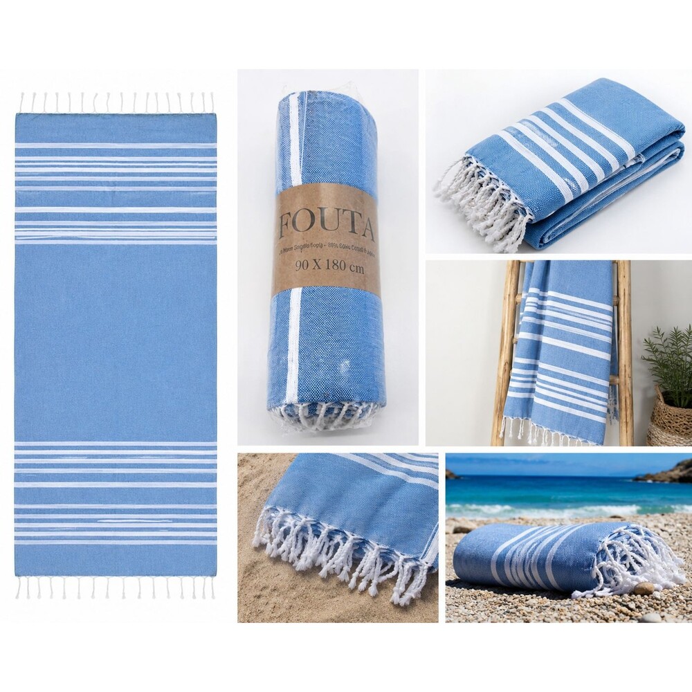 Fouta Rigato Towel Turkish Beach Towel Blue White 35"x71" Bath Throw Fringe New